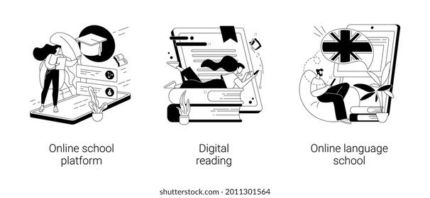 Online education abstract concept vector illustration set. Online school platform, digital reading, language school, homeschooling, education platform, recorded video classes abstract metaphor.