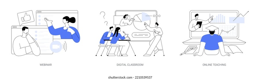 Online education abstract concept vector illustration set. Webinar, digital classroom, online teaching, smart flipped classroom, video course, peer level meetings, elearning abstract metaphor.