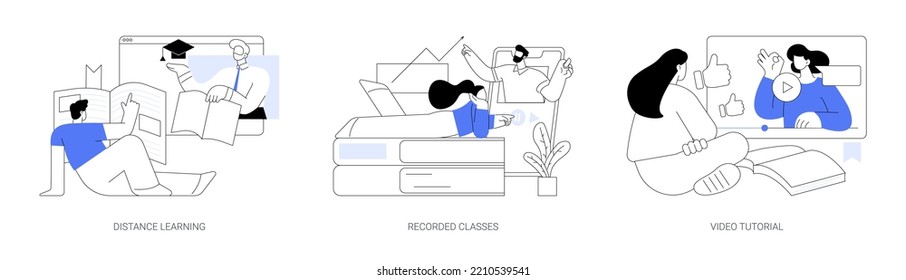 Online Education Abstract Concept Vector Illustration Set. Distance Learning, Recorded Classes, Video Tutorial, Watching Webinar, Podcast Courses, Elearning Tutorial, Online Degree Abstract Metaphor.