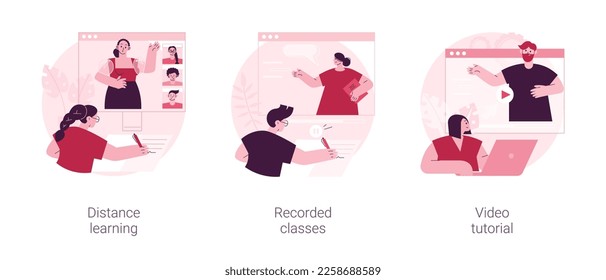 Online education abstract concept vector illustration set. Distance learning, recorded classes, video tutorial, watching webinar, podcast courses, elearning tutorial, online degree abstract metaphor.