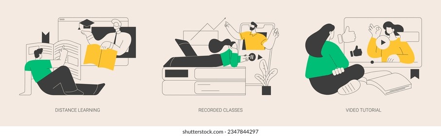 Online education abstract concept vector illustration set. Distance learning, recorded classes, video tutorial, watching webinar, podcast courses, elearning tutorial, online degree abstract metaphor.