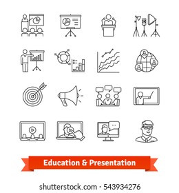 Online education & Academic presentation. Thin line art icons set. E-learning, office training, coaching. Linear style symbols isolated on white.