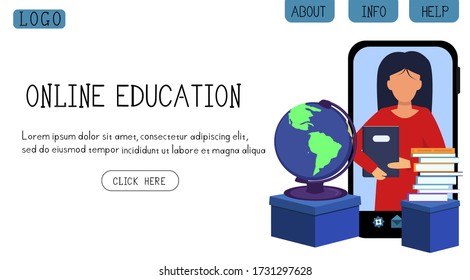 
Online education advertising banner with mobile phone, teacher, globe and books, vector illustration with page for website