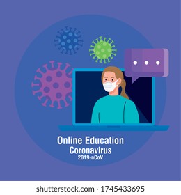 online education advice to stop coronavirus covid-19 spreading, learning online, woman student with laptop vector illustration design
