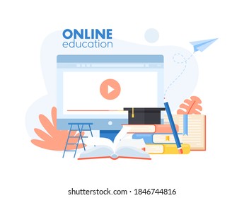 Ilustración vectorial de la aplicación de educación en línea con objetos de estudio de dibujos animados, sombrero de graduado, lápiz, libros educativos. Tutorial de un sitio web de vídeo moderno para el aprendizaje, formación de seminarios web con botón de reproducción