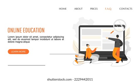 Online education app landing page template with people, laptop, books, magnifying glass and text