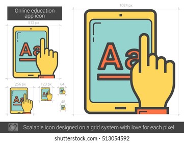 Online education app vector line icon isolated on white background. Online education app line icon for infographic, website or app. Scalable icon designed on a grid system.