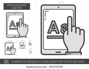 Online education app vector line icon isolated on white background. Online education app line icon for infographic, website or app. Scalable icon designed on a grid system.