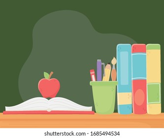 educación en línea, manzana en libros abiertos y libros sobre ilustración de los vectores de escritorio