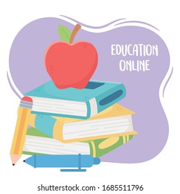 online education, apple on stacked book with pencil vector illustration