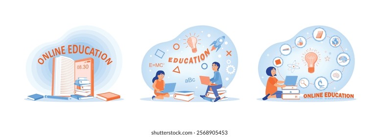 Online education application. Children study at home using computers and books. Educational elements and software for learning. Online Education concept. Set flat vector illustration.