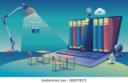 Online Education Application learning worldwide on Laptop, website background. social distance concept book lecture pencil. The classroom training course, library Vector Illustration Flat Design