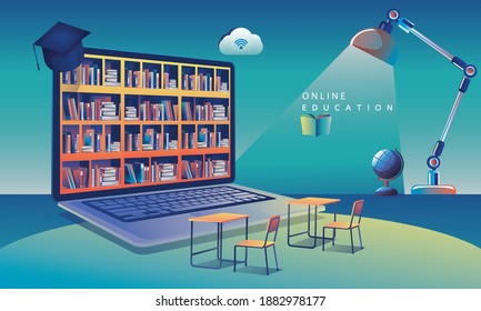 Online Education Application learning worldwide on Laptop, website background. social distance concept book lecture pencil. The classroom training course, library Vector Illustration Flat Design