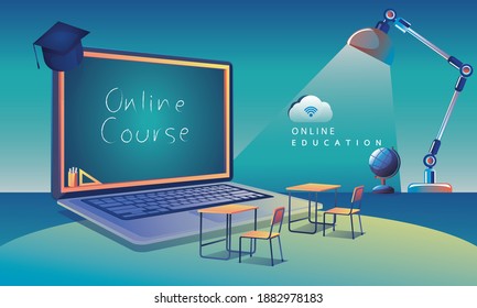 Online Education Application learning worldwide on Laptop, website background. social distance concept book lecture pencil. The classroom training course, library Vector Illustration Flat Design