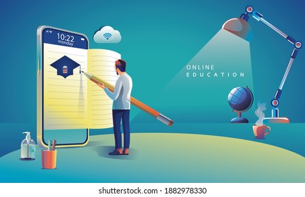 Online Education Application learning worldwide on phone, mobile website background. social distance concept book lecture pencil. The classroom training course, library Vector Illustration Flat Design