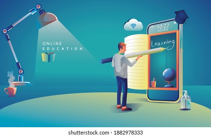 Aprendizaje de aplicaciones de educación en línea en todo el mundo sobre el fondo de teléfonos, sitios web móviles. lápiz de lectura de libro de conceptos de distancia social. Curso de formación en aula, biblioteca Diseño plano de iluminación vectorial