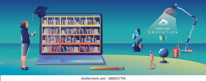 Online Education Application learning worldwide on Laptop, website background. social distance concept book lecture pencil. The classroom training course, library Vector Illustration Flat Design