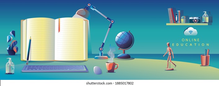 Online Education Application learning worldwide on Laptop, website background. social distance concept book lecture pencil. The classroom training course, library Vector Illustration Flat Design