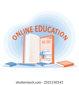 Online education application on a mobile screen. Stack of books and pencils decoration. Online Education concept. Flat vector illustration.