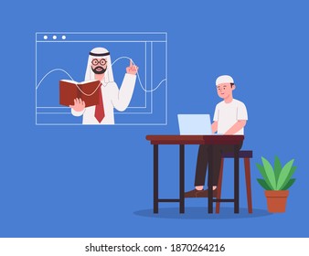 Online Education Arabian Teacher Explaining Lesson During Online Class to Remote Student Flat Illustration