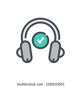 Online education and audio tutorials with check mark color line icon. Headphones with check mark vector outline colorful sign.