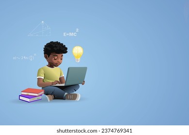 Online-Bildung, zurück zur Schule. Junge, die Hausaufgaben am Computer und Bücher mit intelligentem Gehirn in Glühbirnen und fliegende Schulelemente für die Inspiration und Vorstellungskraft der Schüler machen. 3D-Vektorgrafik.