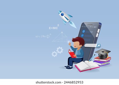 Online education, back to school. School boy doing homework on smart phone with flying rocket and mathematic formula for imagination and knowledge. 3D vector.