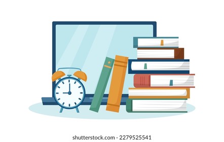 Online education and back to school concept. Screen of laptop, books and alarm clock on white background.	
