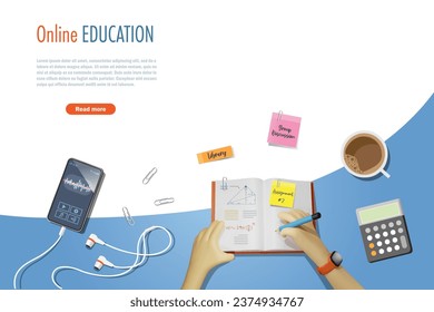 Online education, back to school. Hands writing on books with smartphone at student desk, top view.  Student success and achievement. Vector.