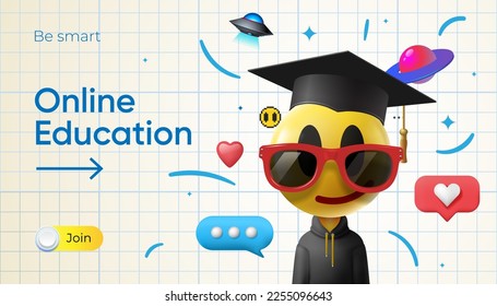 Online education. Back to school template with emoji Smiling face in graduation hat and social media icons, checkered background. Vector illustration