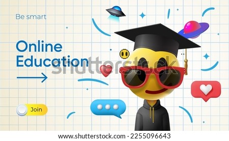 Online education. Back to school template with emoji Smiling face in graduation hat and social media icons, checkered background. Vector illustration