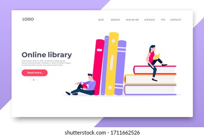 Online education back to school web template landing page concept. People are reading on pile of big books. Power of knowledge banner flat style design vector illustration isolated on white background