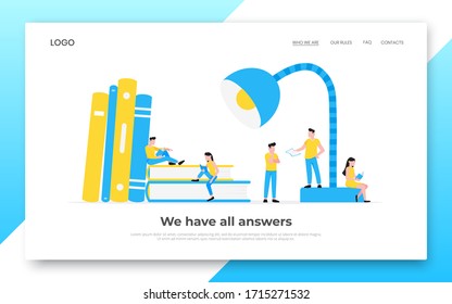 Online education back to school web template landing page concept. People are reading on pile of big books. Power of knowledge banner flat style design vector illustration isolated on white background