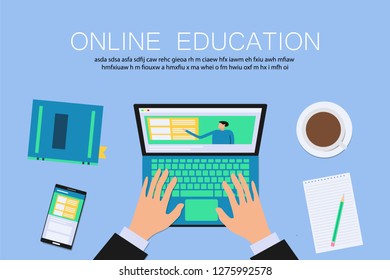 Online education background. Web design template with notebook, hands, phone and coffee. Vector illustration