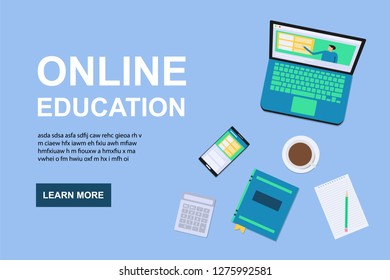 Online education background. Web design template with notebook, hands, phone and coffee. Vector illustration