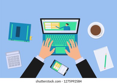Online education background. Web design template with notebook, hands, phone and coffee. Vector illustration