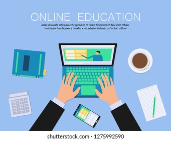 Online education background. Web design template with notebook, hands, phone and coffee. Vector illustration