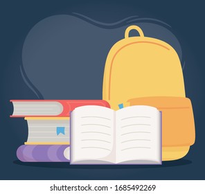 online education, backpack and stacked books supplies vector illustration