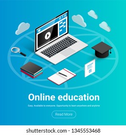 Online education banner with button. E-learning vector illustration isometric concept. Laptop with icons around— search icon, stack of books, notebook with pen, examination form, graduation cap