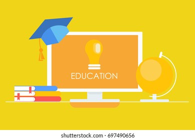 Online education banner. Computer desk with computer, globe, books, graduate cap. Vector flat illustration