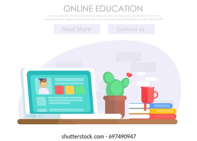 Online education banner. Computer desk with laptop, cactus, coffee, window user. Vector flat illustration