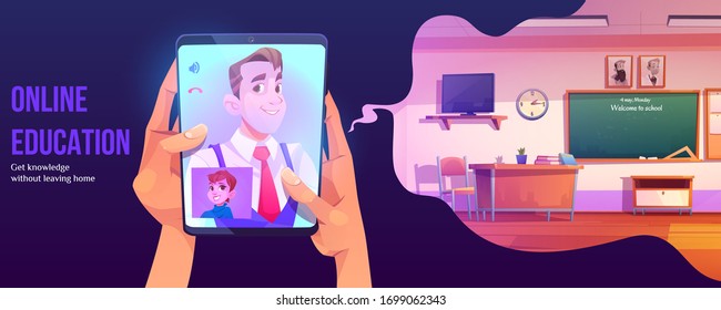 Online education banner. Distance study at home. Vector illustration of digital training, webinar with student and teacher and virtual classroom. Concept of getting knowledge without leaving home