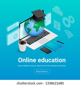 Online education banner. E-learning vector illustration isometric concept. Laptop with transparent screen, planet and graduation cap inside, notebook, phone, coffee, documents, pen, text, button