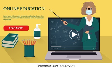 Online education banner in flat style. of teacher. Vector illustration banner design of online business training, webinar, online education concept with teacher. Coronavirus quarantine