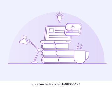 Online education banner. Home study concept. A cup of coffee and books with laptop and light bulb.