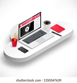Online education banner. Isometric workplace for study and work on cloud. E-learning vector illustration concept with laptop, notebook, phone, coffee, pencils isolated on white background