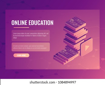 Online education banner, learning isometric vector electronic courses and tutorials, digital books