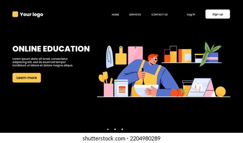 Online education banner with man studying cooking with video lesson, webinar or lecture on tablet. Concept of digital technologies for training, Internet courses and classes, vector landing page