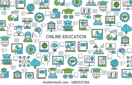 Online education banner. Modern icons on theme knowledge, scince, teaching, school and university. Flat line design icons collection. Vector illustration