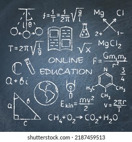 Online Education Banner On Blackboard. Chalk Written Formulas. Learning And Science. Vector Illustration.